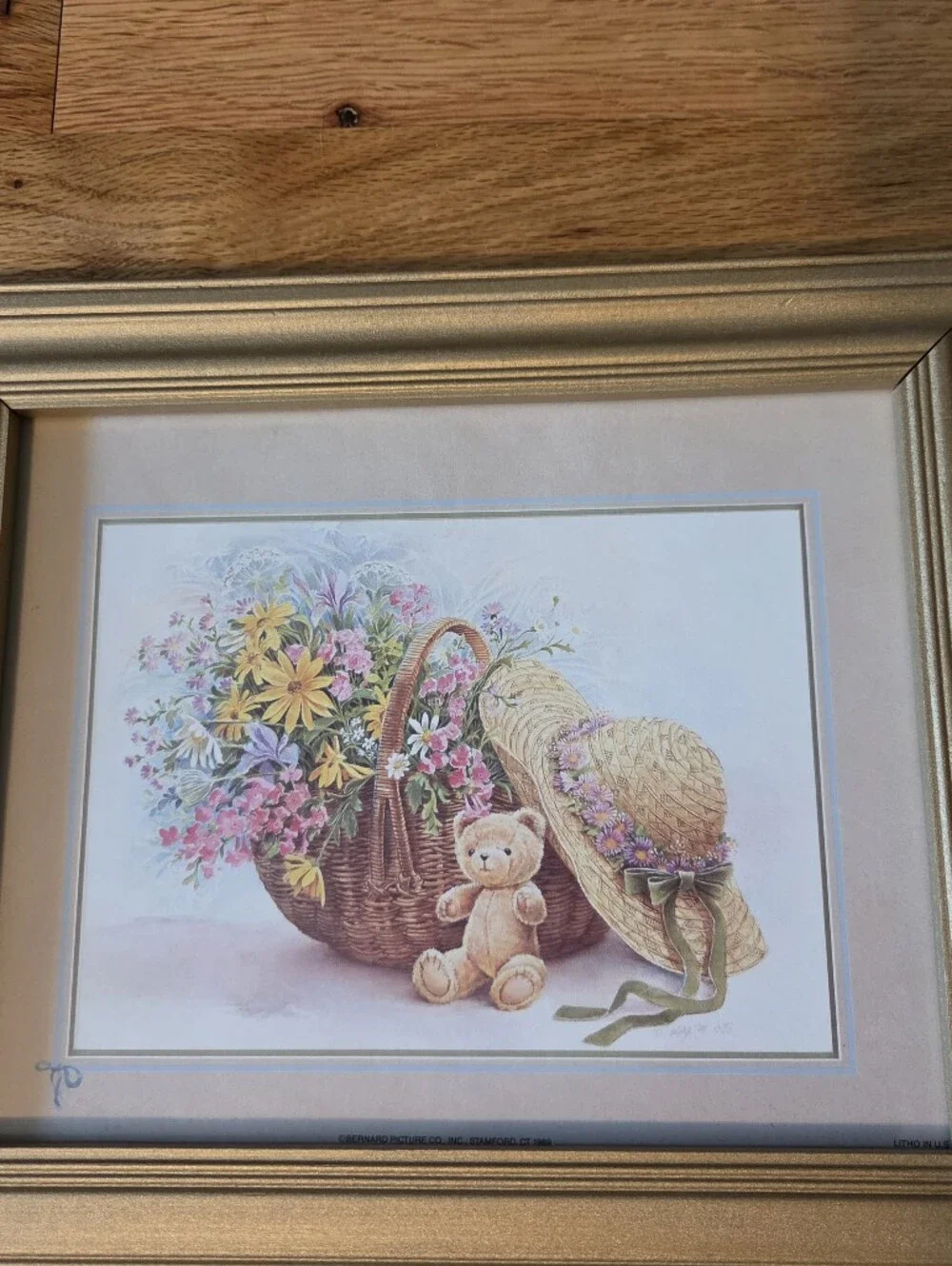 Vintage Gold Framed Wall Mirror with Floral Bear Print Grandma Cottage